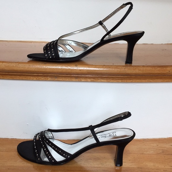 Nina black satin heeled sandals w/Crystal straps - Picture 5 of 8